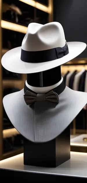 A white fedora with a black ribbon and bowtie displayed together.