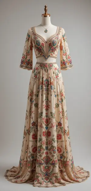 Floral embroidered wedding skirt and matching crop top with flared sleeves.
