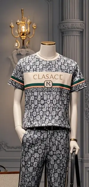 Luxury-inspired patterned T-shirt and matching trousers set displayed on a mannequin