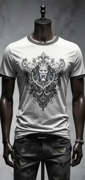 White T-shirt with an intricate gothic-style lion face design, paired with black jeans