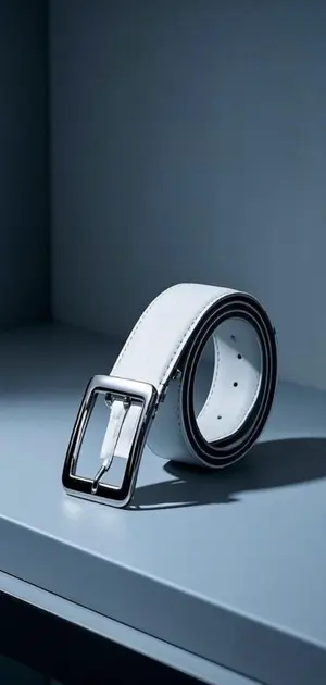 Slim white leather belt with silver buckle.