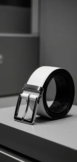 White leather belt with black edges and silver buckle.