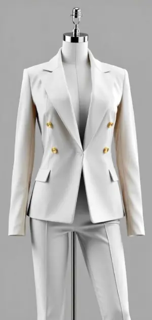 full white blazer suit with gold buttons on a mannequin