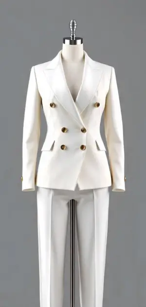 white double-breasted blazer with gold buttons and a tailored fit