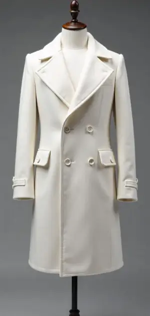 A white double-breasted overcoat with buttoned cuffs and structured shoulders.