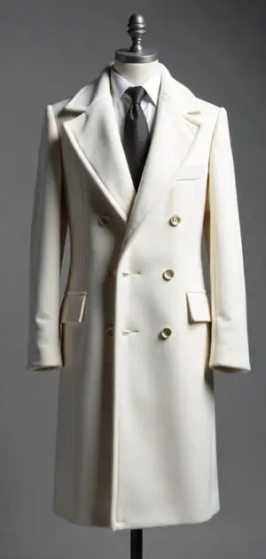 A white double-breasted overcoat styled with a formal shirt and tie.