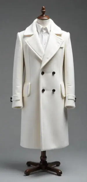 A long white double-breasted overcoat with structured peak lapels.