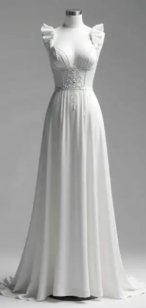 White maxi dress with ruffled straps, ruched bodice, and embellishments.