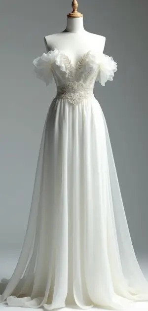 White off-shoulder maxi dress with floral lace and sheer ruffle sleeves.