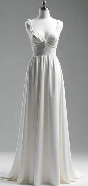 White maxi dress with ruched bodice, thin straps, and flowing skirt.