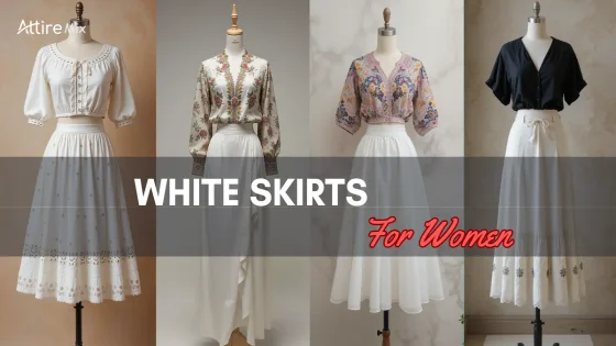 Various white skirts are paired with stylish tops to showcase versatile looks.