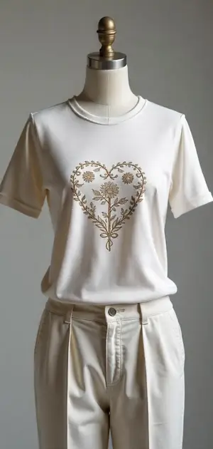 White T-shirt with a floral heart embroidery, styled with white trousers