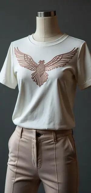 White T-shirt with a golden embroidered eagle design.