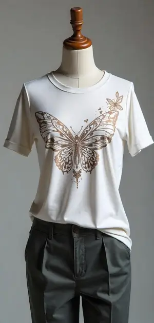 White T-shirt with a metallic butterfly design, styled with dark trousers.