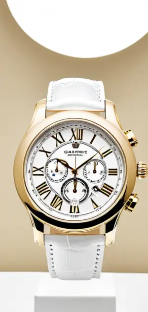 Gold and white luxury watch with chronograph functions.