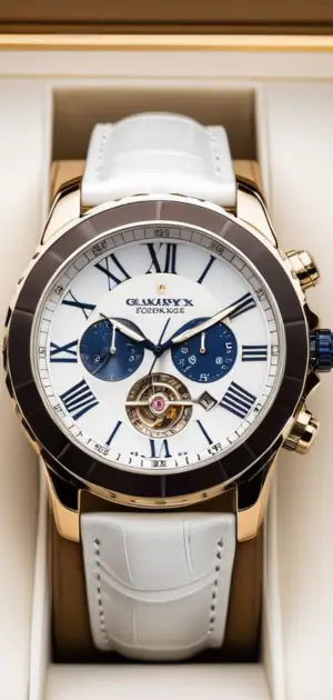 Gold and white chronograph watch with blue subdials
