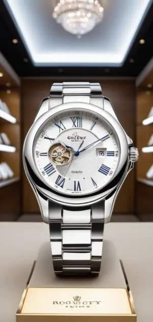 Silver luxury watch with an open-heart dial and Roman numerals