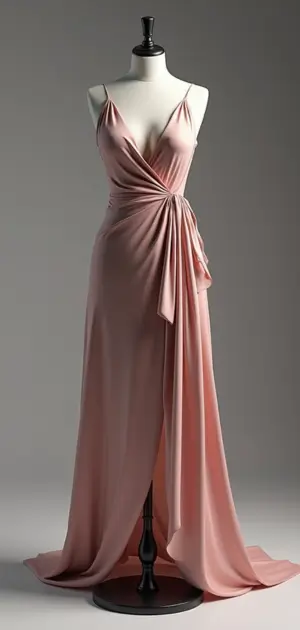Blush pink satin evening gown with a side draped detail and a deep V-neckline
