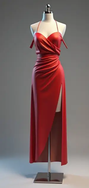 Bold red satin evening dress with a thigh-high slit and a ruched bodice on a mannequin.