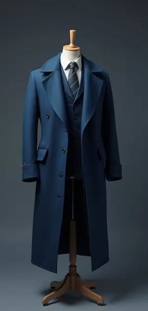 A long navy blue overcoat styled over a full three-piece suit.