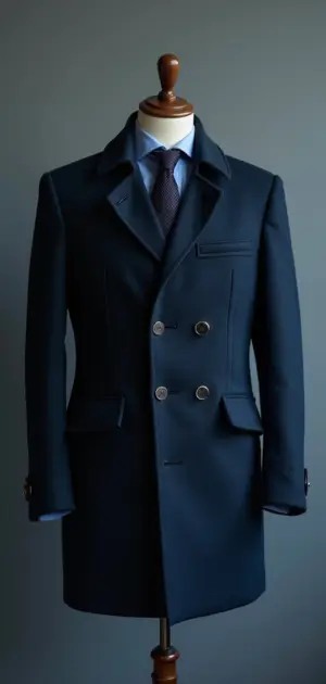 A tailored navy blue double-breasted overcoat with peak lapels.
