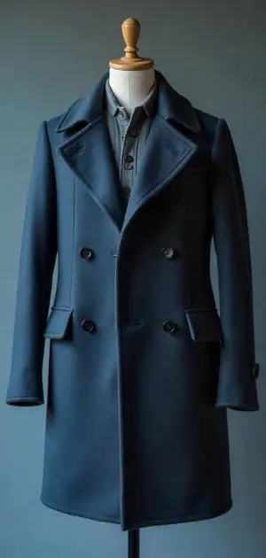 A blue double-breasted coat with wide lapels and a casual denim shirt