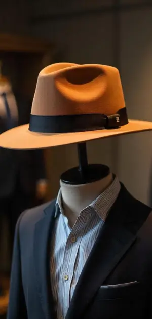 A tan wide-brim fedora with a black ribbon on a mannequin.