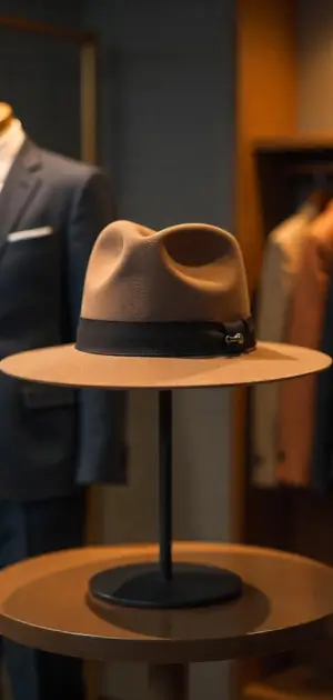 A beige fedora with a black ribbon displayed on a stand.