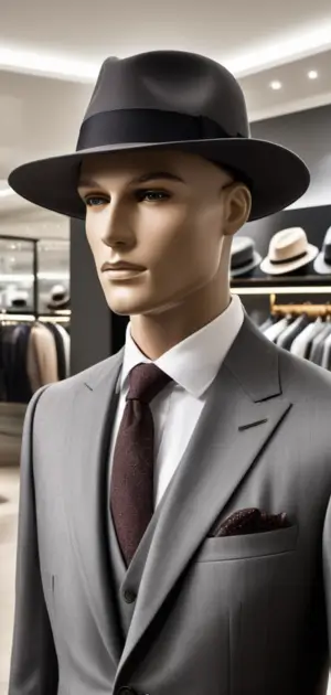 A grey fedora with a black ribbon on a mannequin in a suit.