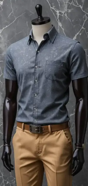 Short-sleeved button-up shirt with subtle print, styled with beige trousers