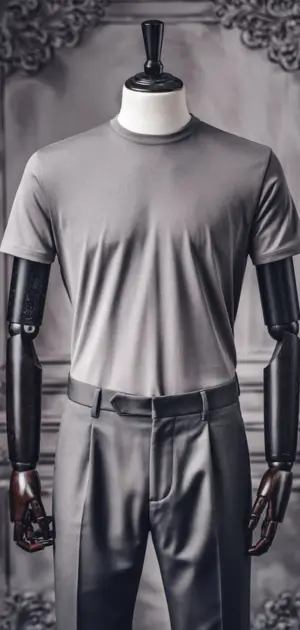 Monochrome grey T-shirt with matching trousers on a mannequin with wooden arms