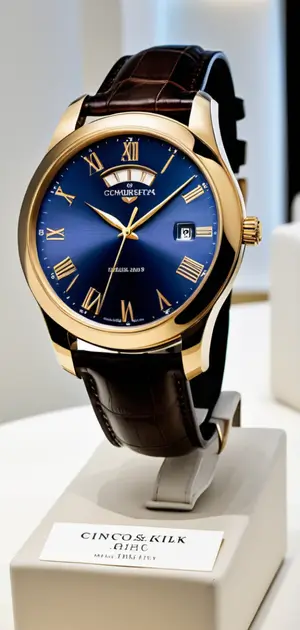 Classic blue and gold wristwatch with a brown leather strap on a white pedestal.
