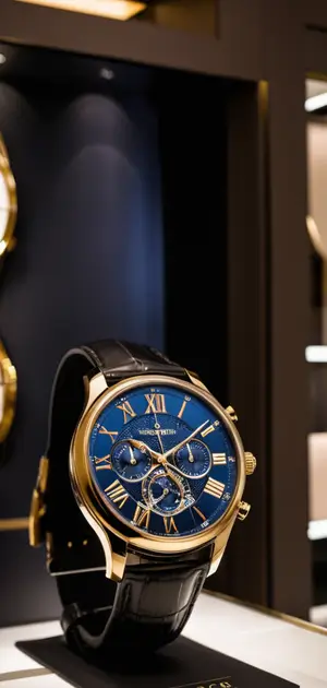 Luxury navy and gold chronograph watch with intricate dial detailing