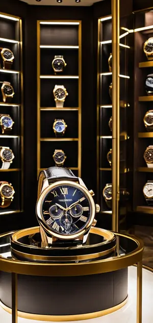 Luxury navy and gold watch displayed in a high-end boutique with multiple watches.