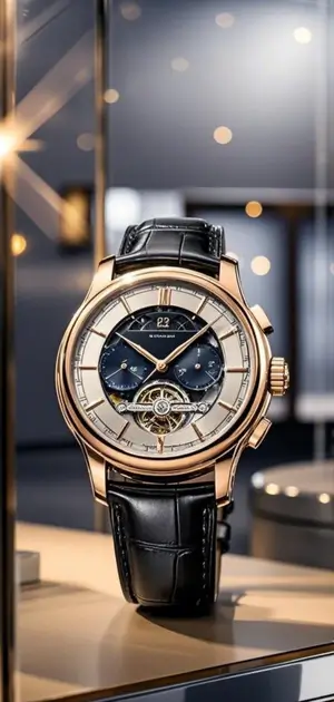 Luxurious gold and silver skeleton chronograph watch with a black leather strap