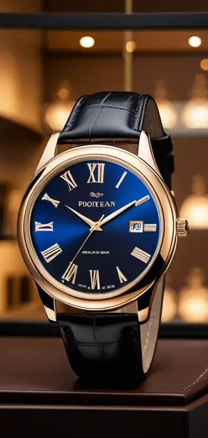 Elegant navy blue and gold wristwatch with Roman numerals and a date display.
