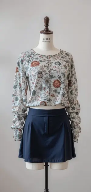 Navy athletic skirt with a floral long-sleeve blouse.