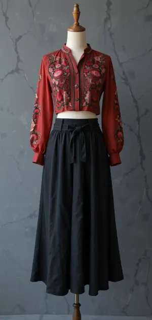 Stylish black skirt and red floral embroidered crop top on a mannequin.