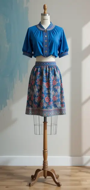Mannequin wearing a blue floral skirt and matching blue short-sleeve blouse.