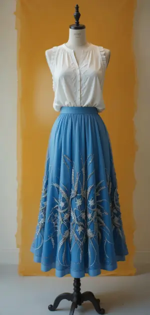 A mannequin wearing a white blouse and a blue embroidered skirt.
