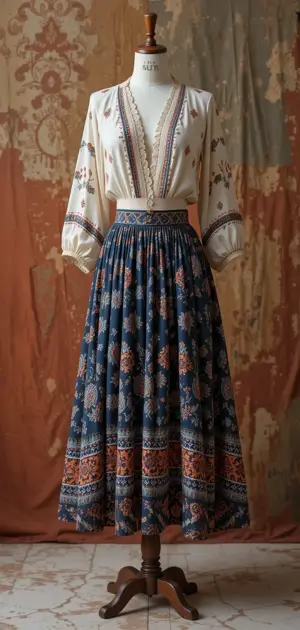 A long blue bohemian skirt with a patterned blouse on a mannequin.
