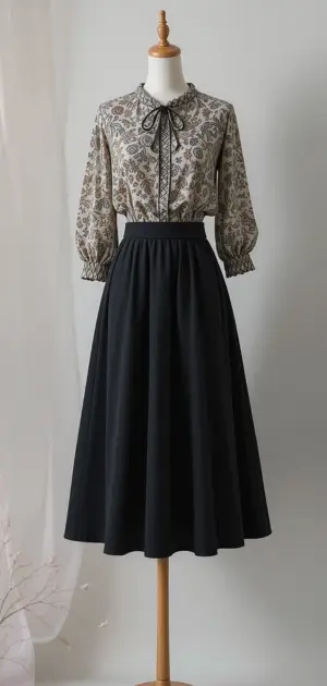 Black classic midi skirt with a bow-tied floral blouse.