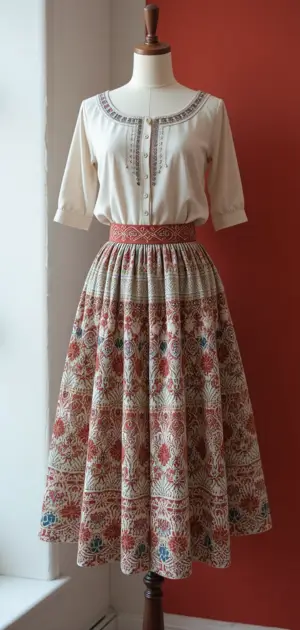 Cream blouse and patterned long cotton skirt in earthy tones.
