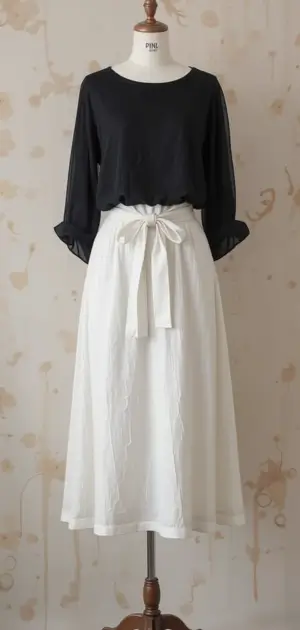 Blacktop paired with a white bow-tied linen skirt for chic style.