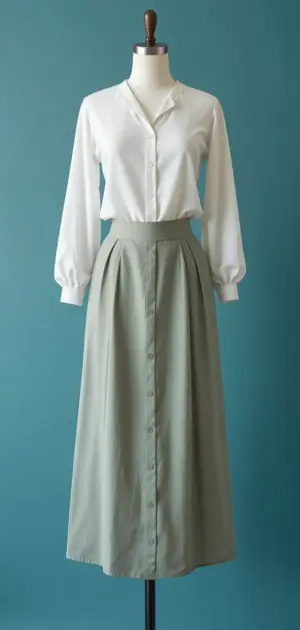 Long sage green skirt with button details and a white blouse.