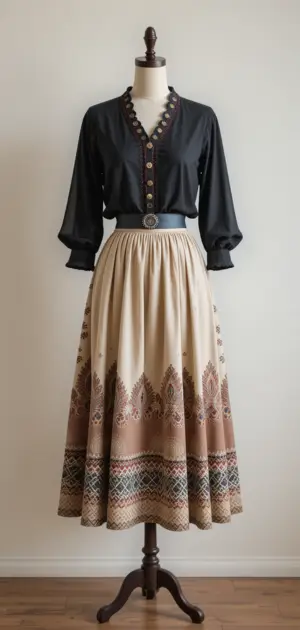 Beige ethnic skirt paired with a black blouse with button details.