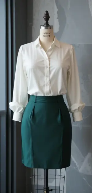 A professional office skirt with a classic white blouse is rich in color.