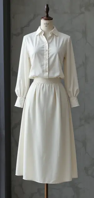 Simple cream-colored skirt and blouse outfit for office wear.