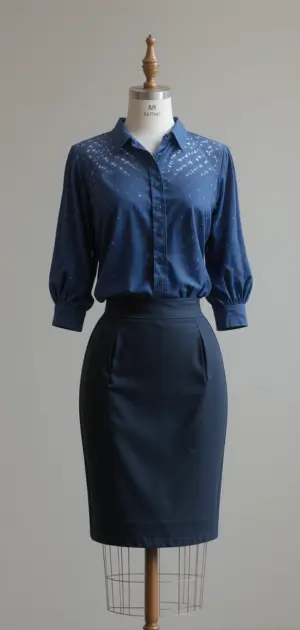 Sleek pencil skirt and navy blouse combination for office wear.