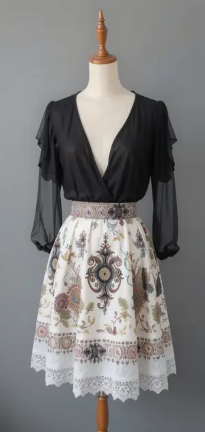 Floral midi skirt styled with a white blouse and bold black belt.